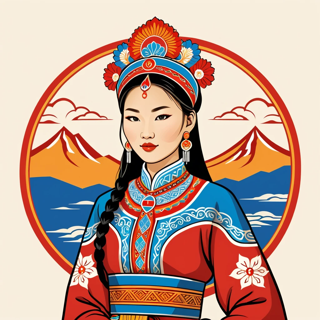 woman in mongolia folk outfit, vector graphics, strong contours, logo design
