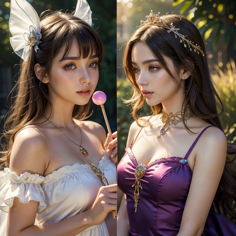 (​masterpiece, best quality:1.5), highest quality, High resolution, super detailed, Realists, Upper body photo of a brunette young magical girl, detailed and beautiful eyes, beautiful detailed lips, very detailed eyes and face, longeyelashes, shiny satin dress, Holding a magic wand in your hand, Cast a transformation spell, With her stick she turns bananas into a lollipop, Glowing wands available,Beautiful and colorful makeup, elegant and noble々The jewelry bag, Gardens as background, soft daylight, bright colors, fine brushstrokes, Portrait style, Silk dress fabric, beautiful color palette, glowing skin, First-class rendering, that captures every detail, enchanting atmosphere, subtle shadows and lights, (perfect anatomy:1.2), (The stunning magical girl turns banana into a lollipop. Suck on it, Leads to a(a transformation with the magic wand:1.4), (magnificent panorama view:1.2)