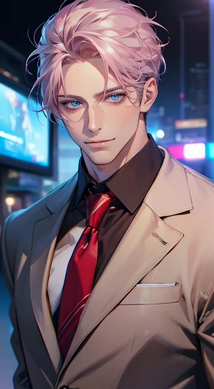 (Highest quality,4K,8K,High resolution,masterpiece:1.2),Super detailed,(Realistic,photoRealistic,photo-Realistic:1.37),1 person,31 years old,Mature Men,Beautiful skin、very handsome,Expressionless,smile,Short gray pink hair,blue eyes,Sharp Eyes,A perfect face without a doubt,Businessman,Office Background,Cinema Lighting,HDR image,tie、