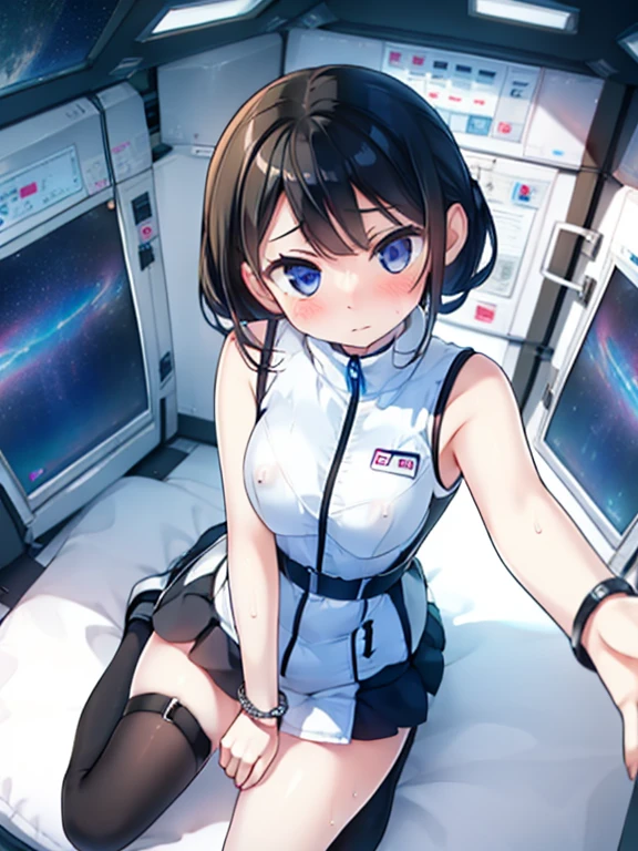 (Highest quality), (masterpiece), 1080P, High resolution, 4K, 8k, Inside the space station、Futuristic room、Thigh straps, Shooting from directly below, The woman on top of me, Nipples, 白いSweat, Covered , Sweat, Woman looking down, Skirt swimsuit, Thigh-high socks, To achieve this, , , whole body, Black leather shoes, Braided hair, Inner Color, Embarrassed face, Short black hair, bracelet, Bedroom,celestial body_Vest