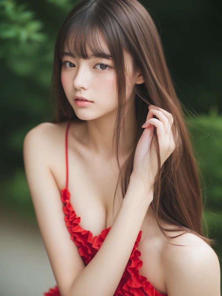 ((of the highest quality, 8K, masutepiece: 1.3)), Women (Full body portrait, front, red frill dress, Big breasts, cleavage, In the Magic Mirror), Overhead camera, Sharp Focus: 1.2, prety woman: 1.4, ((girlish long Hairstyle)), Highly detailed face and skin and hair texture, Detailed eyes, Double eyelids, White skin, beautiful delicate nose, Cute young Japan woman, 20 years old, while emphasizing the theme、pleasing to the eye、tome&#39;thought-provoking composition., Eyes, Mouth and behavior, The contrast between light and shadow creates a unique sense of sadness...、Dynamic angle background blur