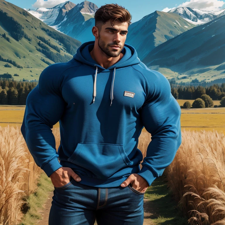 a very handsome young man, with a very handsome and extremely handsome face, very handsome guy, massively muscular, massively large muscles, wearing a blue sweatshirt, with his hands in his pocket, in a vast field