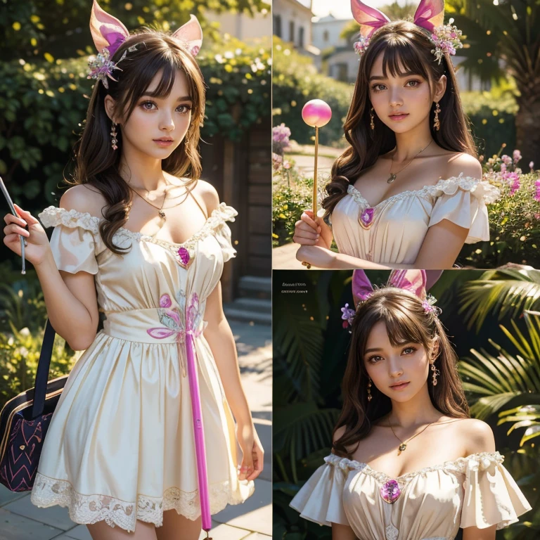 (masterpiece, best quality:1.5), highest quality, High resolution, super detailed, Realists, Upper body photo of a brunette young magical girl, detailed and beautiful eyes, beautiful detailed lips, very detailed eyes and face, longeyelashes, shiny satin dress, Holding a magic wand in your hand, Cast a transformation spell, With her stick she turns bananas into a lollipop, Glowing wands available,Beautiful and colorful makeup, elegant and noble々The jewelry bag, Gardens as background, soft daylight, bright colors, fine brushstrokes, Portrait style, Silk dress fabric, beautiful color palette, glowing skin, First-class rendering, that captures every detail, enchanting atmosphere, subtle shadows and lights, (perfect anatomy:1.2), (The stunning magical girl turns banana into a lollipop. Suck on it,(a transformation with the magic wand:1.4), (magnificent panorama view:1.2)