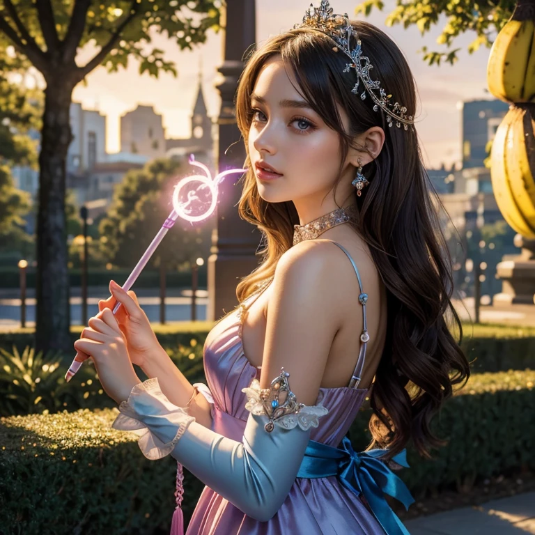 (masterpiece, best quality:1.5), highest quality, High resolution, super detailed, Realists, Upper body photo of a brunette young magical girl, detailed and beautiful eyes, beautiful detailed lips, very detailed eyes and face, longeyelashes, shiny satin dress, Holding a magic wand in your hand, Cast a transformation spell, With her stick she turns bananas into a lollipop, Glowing wands available,Beautiful and colorful makeup, elegant and noble々The jewelry bag, Gardens as background, soft daylight, bright colors, fine brushstrokes, Portrait style, Silk dress fabric, beautiful color palette, glowing skin, First-class rendering, that captures every detail, enchanting atmosphere, subtle shadows and lights, (perfect anatomy:1.2), (The stunning magical girl turns banana into a lollipop. Suck on it,(a transformation with the magic wand:1.4), (magnificent panorama view:1.2)
