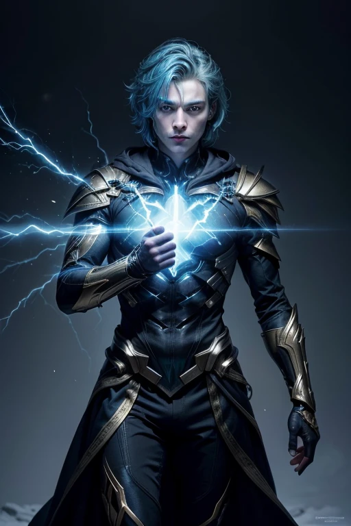 His appearance was a striking mix of beautiful and unsettling, with vibrant blue hair and an aura of crystals surrounding him, giving off an air of chaotic elegance. His human features were marked by disturbing details: pale skin as white as snow, with eyes that glowed gold in their irises. Upon closer inspection, subtle runes and details danced just above the surface, especially on his clothes, seeming alive and pulsing with internal energy akin to black lightning. His armor covered his body completely, fitting like a second skin. A cloak that covered his entire body, hiding the light of his energy.