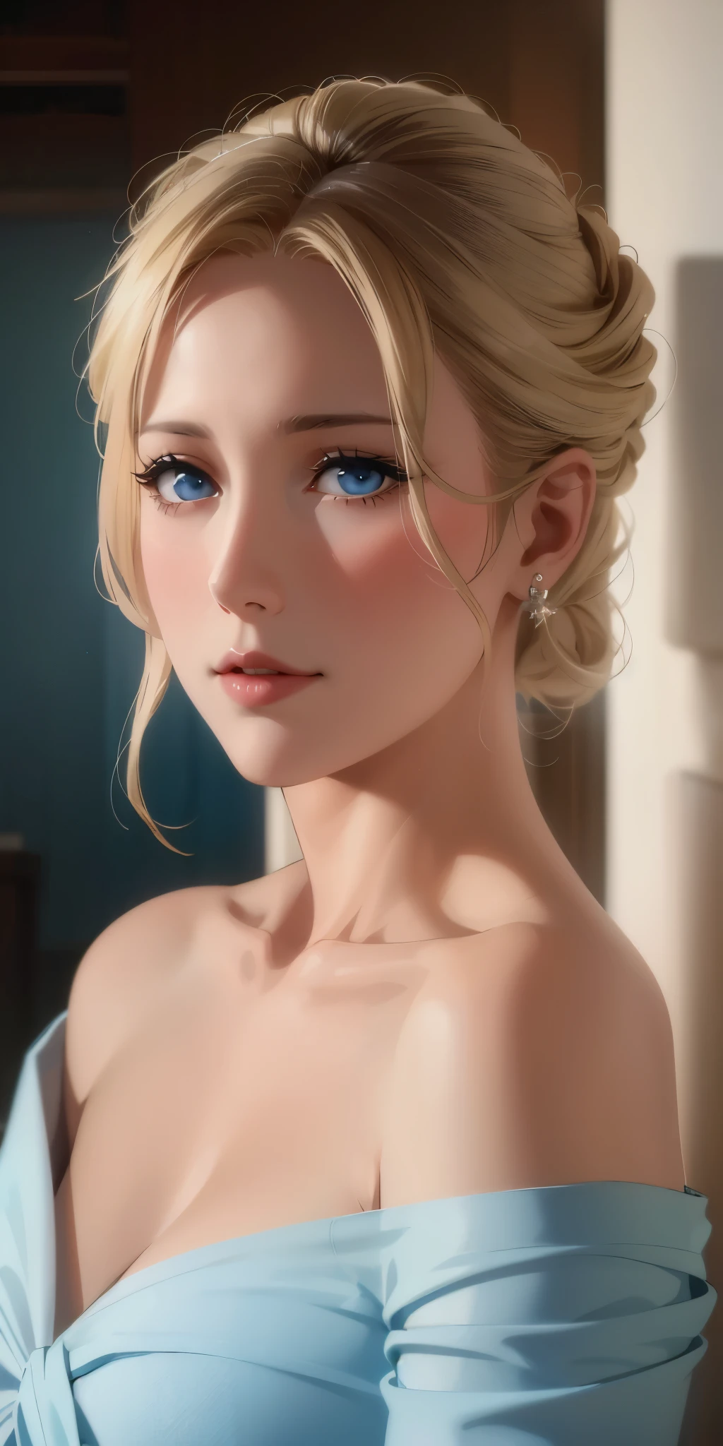 elegant mature woman, blonde, chignon hair, blue eyes, soft light, 4k resolution, high detailed, high quality, beautiful cg