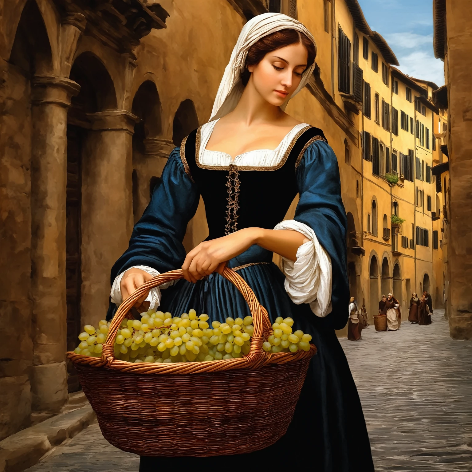 A picture depicting, a one peasant woman, with a basket full of grapes, on of the streets of Florence in 1524., renaissance digital painting, in a renaissance style, in the high renaissance style, живопись in a renaissance style, in a renaissance style, based on Filippino Lippi, в Carlo People, In the style of da Vinci, Renaissance painting style, Realistic portrait of the Renaissance, Renaissance Art style, Renaissance oil painting, Renaissance Art