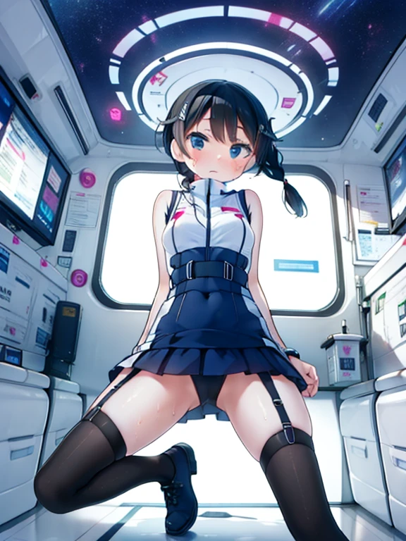 (Highest quality), (masterpiece), 1080P, High resolution, 4K, 8k, Inside the space station、Futuristic room、Thigh straps, Shooting from directly below, The woman on top of me, Nipples, 白いSweat, Covered , Sweat, Woman looking down, Skirt swimsuit, Thigh-high socks, To achieve this, , , whole body, Black leather shoes, Braided hair, Inner Color, Embarrassed face, Short black hair, bracelet, Bedroom,celestial body_Vest