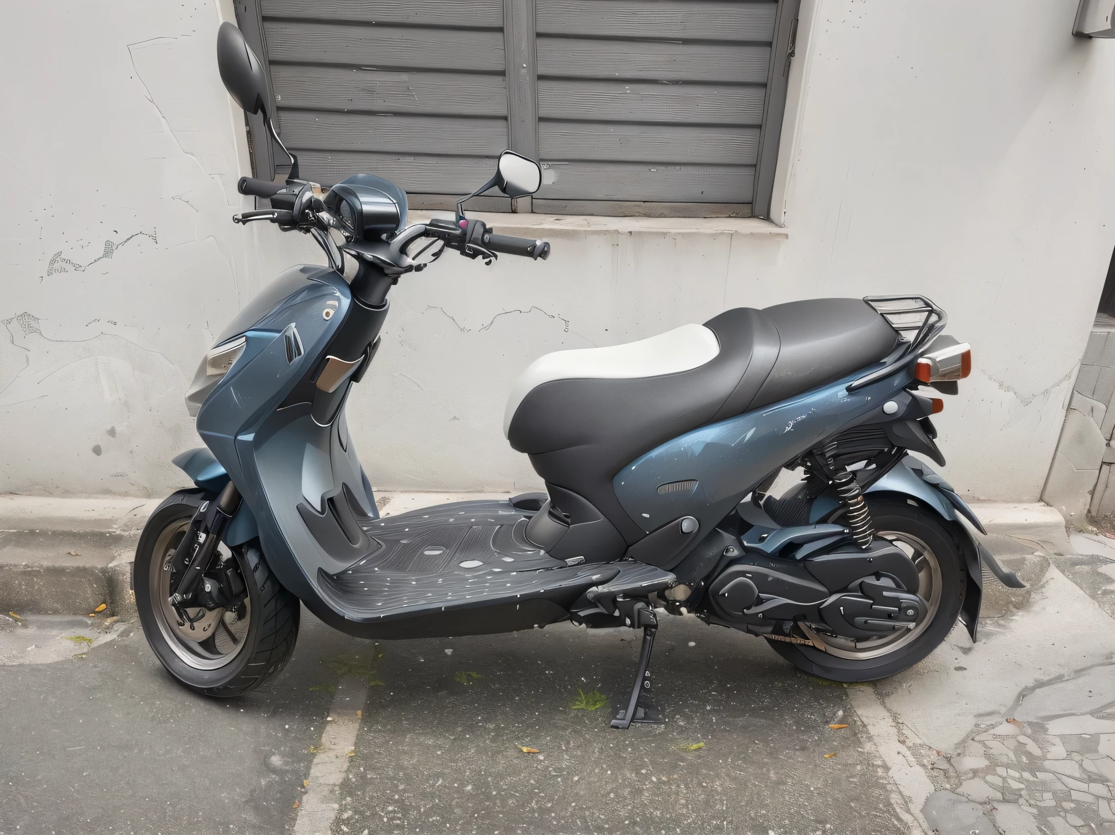 There is a scooter parked on the sidewalk in front of a building, moped, custom scooter, motorcycle, moto, gray metal body, really trying to ride it, one moto in center of frame, perfect masterpiece, full front side, left profile, Steel gray body, 2 0 0 5, 2005, rear shot