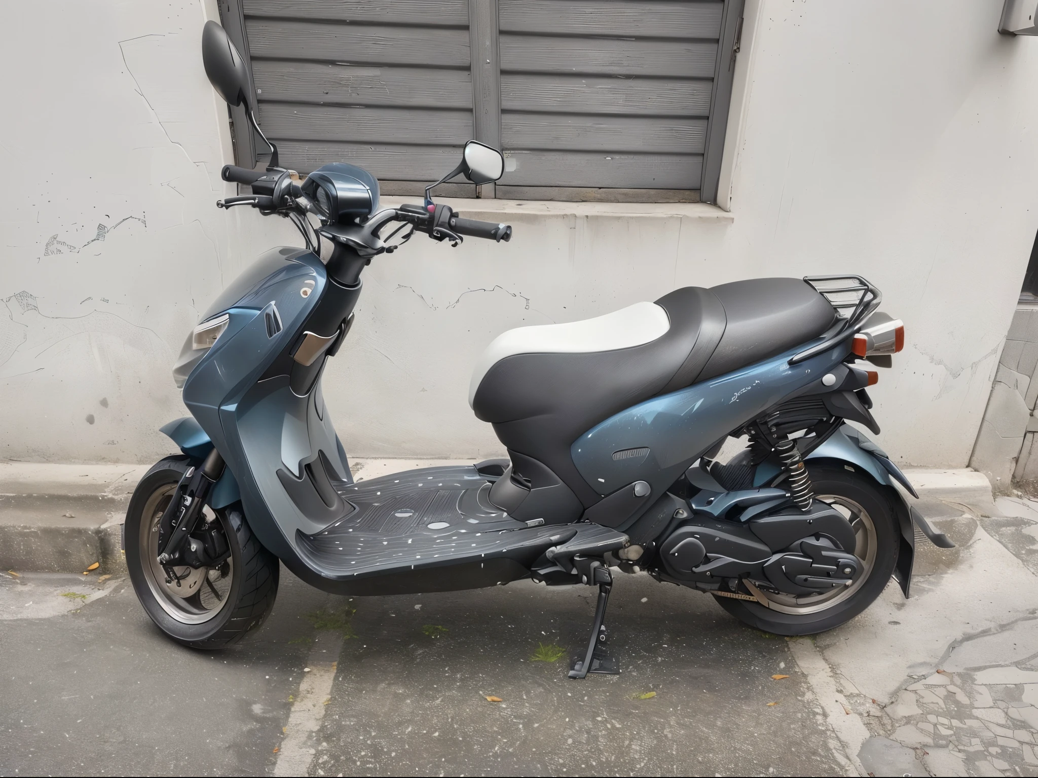 There is a scooter parked on the sidewalk in front of a building, moped, custom scooter, motorcycle, moto, gray metal body, really trying to ride it, one moto in center of frame, perfect masterpiece, full front side, left profile, Steel gray body, 2 0 0 5, 2005, rear shot