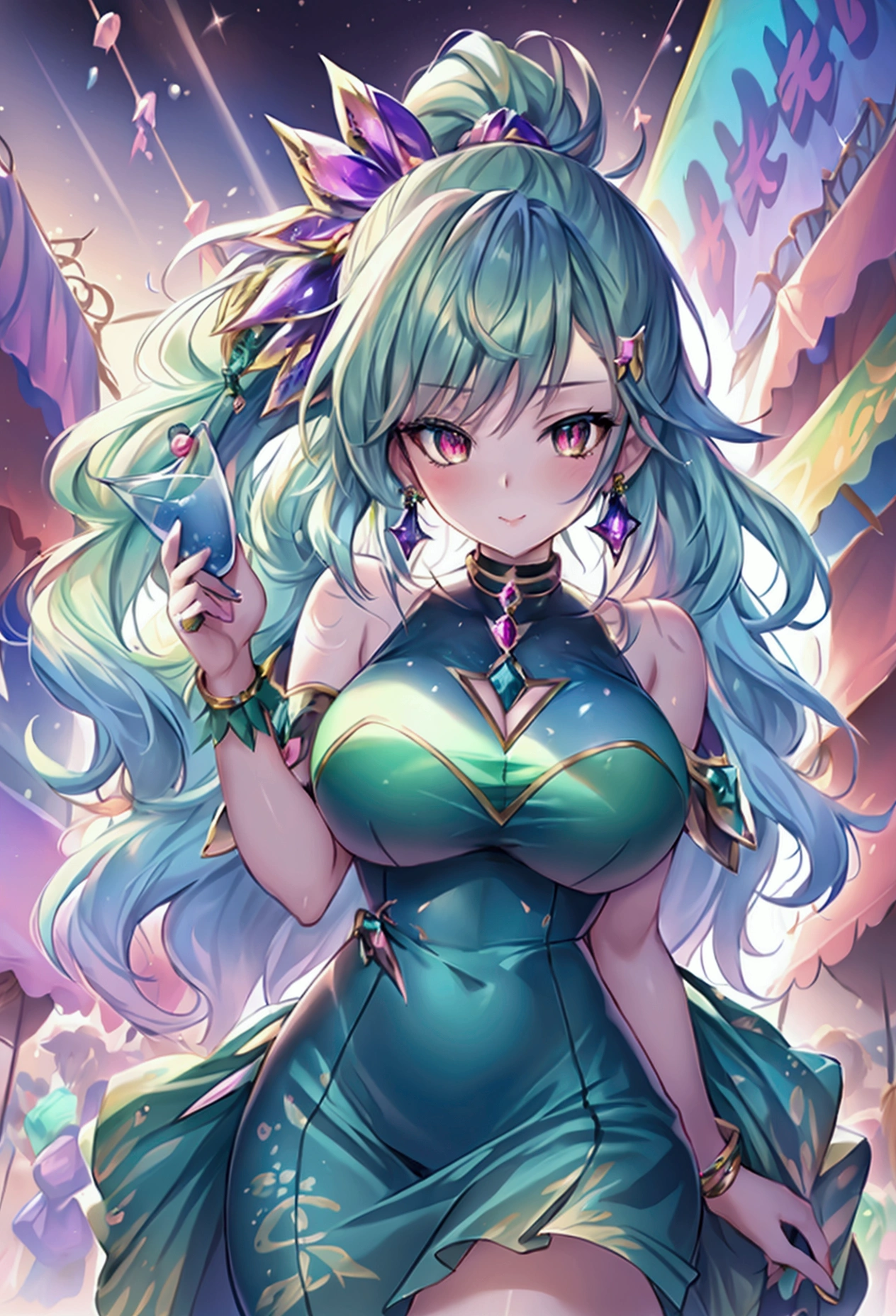 anime manga in 4D vivid colors high quality sombria art sexy big tits Madara + Bulma DBZ fênix Portrait front view of a girl standing in a mystical marketplace with green diamond hair in a flowing ponytail in a dynamic pose she is holding a glass of bubbling potion out to the view black eye in the background are busy vendors and magical light and smoke from the various market stalls anime style intricate detailed bright colors fantasy concept art digital art intricate oil on canvas