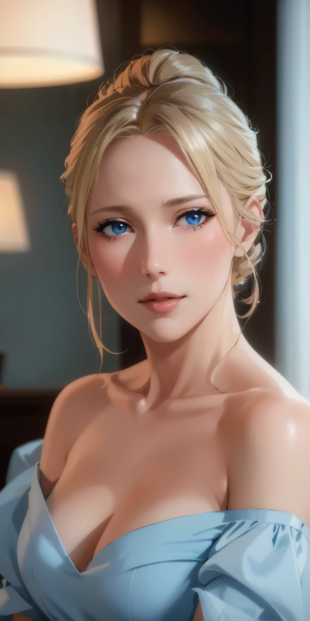 elegant mature woman, blonde, chignon hair, blue eyes, soft light, 4k resolution, high detailed, high quality, beautiful cg