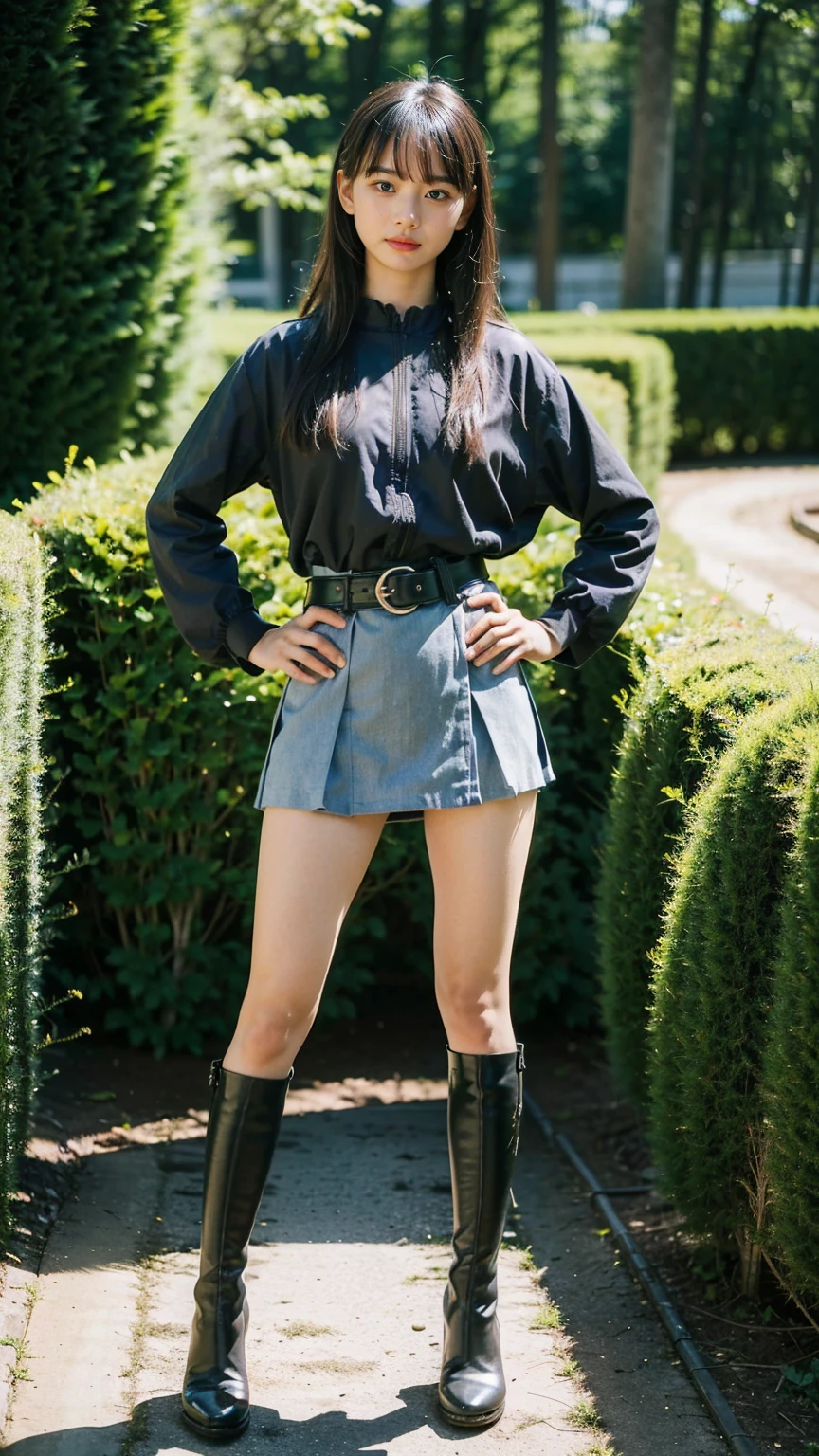 (8k、RAW Photos、Highest quality、masterpiece:1.2)、(Realistic、Realistic)、1 girl、((mini skirt、blackのスーツ、black、Thin legs、whole body、boots、one piece、tights、garden、View from the front、Looking into the camera、belt、Stand with hands on hips))、cute