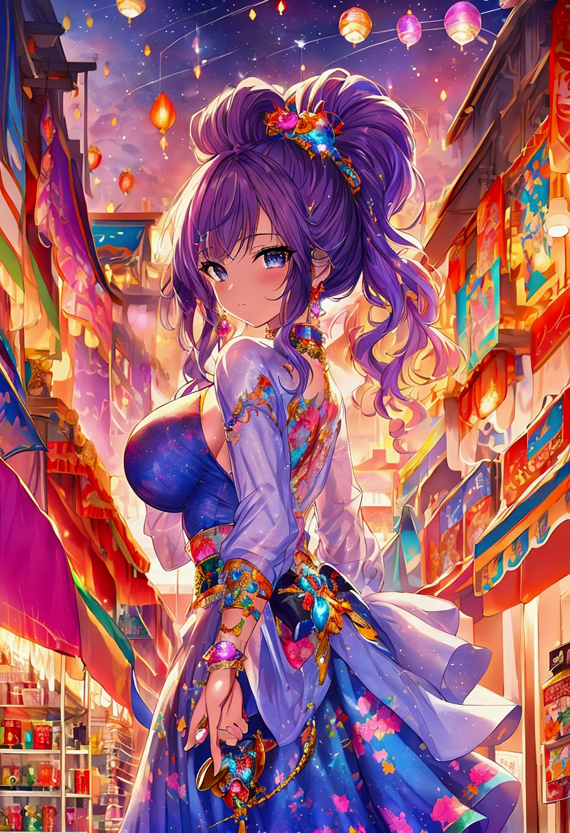 anime manga in 4D vivid colors high quality sombria art sexy cruise duros rígidos empinados tits Goku + Bulma DBZ fênix Portrait front view of a girl standing in a mystical marketplace with purple diamond hair in a flowing ponytail in a dynamic pose she is holding a glass of bubbling potion out to the view black eye in the background are busy vendors and magical light and smoke from the various market stalls anime style intricate detailed bright colors fantasy concept art digital art intricate oil on canvas
