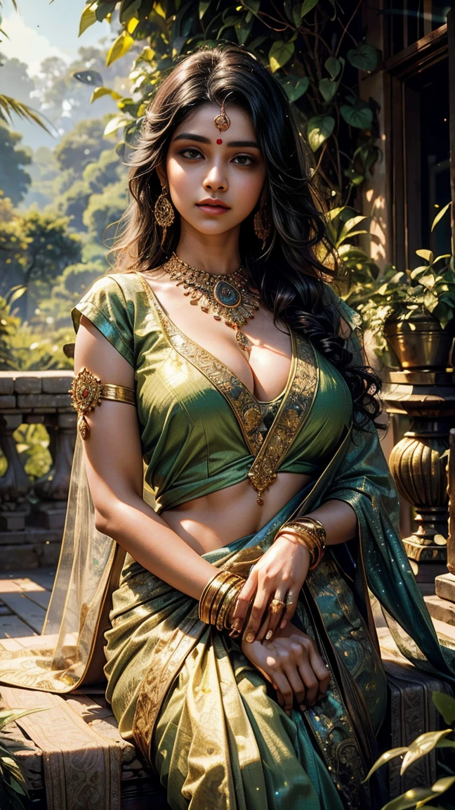 a beautiful young indian girl wearing a saree,  offhsoulder blouse, detailed facial features, busty,  big breasts, warm lighting, photorealistic, extremely detailed, 8k, highly detailed portrait, intricate clothing, glowing skin, detailed eyes, detailed lips, delicate jewelry, flowing hair, natural setting, lush greenery, sunlit background, ambient lighting, cinematic composition