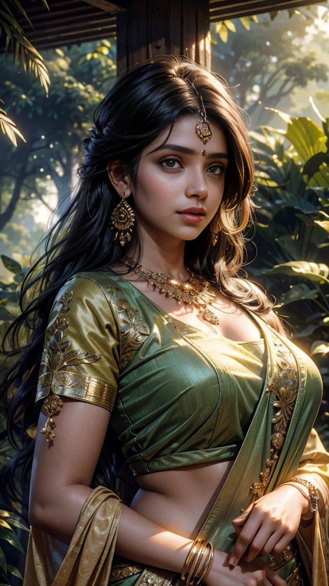 a beautiful young indian girl wearing a saree,  offhsoulder blouse, detailed facial features, busty,  big breasts, warm lighting, photorealistic, extremely detailed, 8k, highly detailed portrait, intricate clothing, glowing skin, detailed eyes, detailed lips, delicate jewelry, flowing hair, natural setting, lush greenery, sunlit background, ambient lighting, cinematic composition