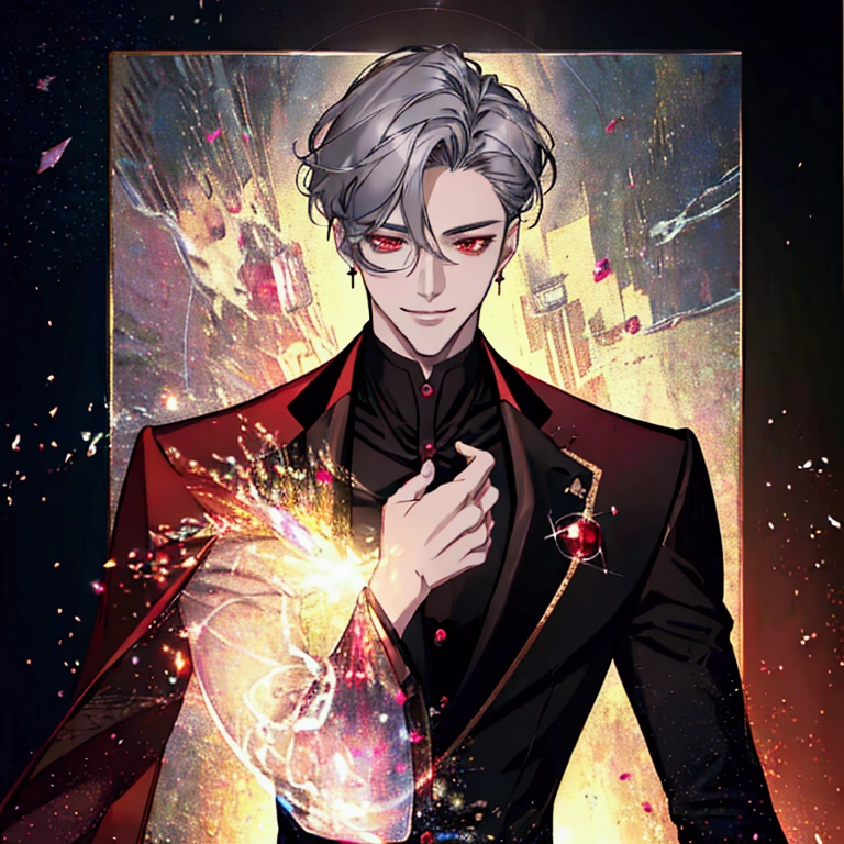 {(best quality, 8k, masterpiece, HDR, soft lighting, perfect image, digital illustration, manhwa art, hyper detailed image, perfect lines, realistic)} 1 very handsome man, short ahy gray hair, red eyes, luxurious clothes (imposing posture, smiling), {(black background with ruby color sparkles)}