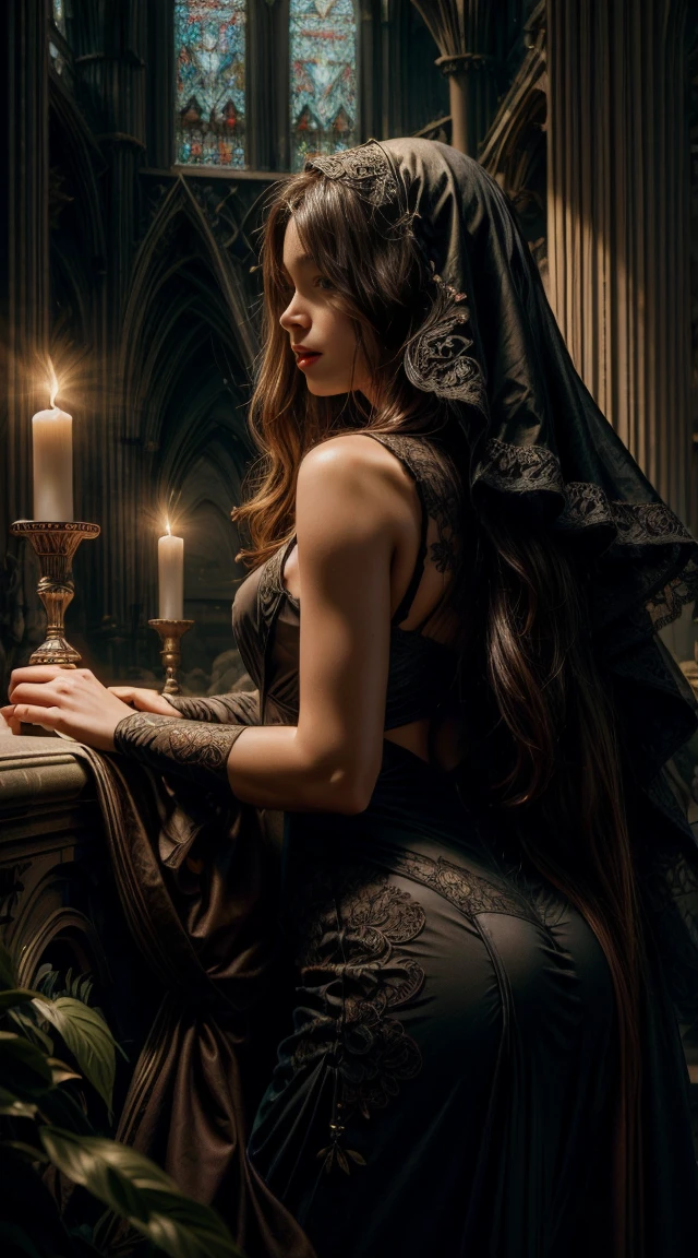 A sexy nun with seductive eyes and pouty lips, wearing a revealing black lace gown and high heels, gracefully poses in a dimly lit cathedral. Her long, wavy hair cascades down her back, framing her alluring face. The detailed folds of her gown create a sense of mystery and intrigue, while the soft candlelight casts a warm glow on her flawless skin. The artwork is a masterpiece of photorealistic beauty, captured with high-resolution precision and ultra-detailed rendering. The vibrant colors add depth and richness to the scene, with a touch of bokeh in the background, creating an ethereal atmosphere. The overall composition exudes sensuality and sophistication, making it a captivating portrait in the genre of erotic art.a hyperrealistic painting inspired by Hendrick Terbrugghen, featured on cgsociety, renaissance, in a renaissance style, in a high renaissance style, in style of old painting, serge marshennikov --sq --realxl v1 