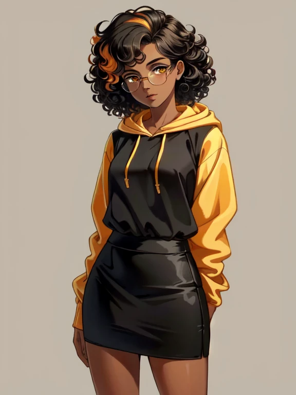 1girl, solo, 20 year old college student, (bronze skin tone:1.2), short curly black hair with orange highlights, amber eyes, (she's wearing a yellow hoodie, black pencil skirt, glasses)