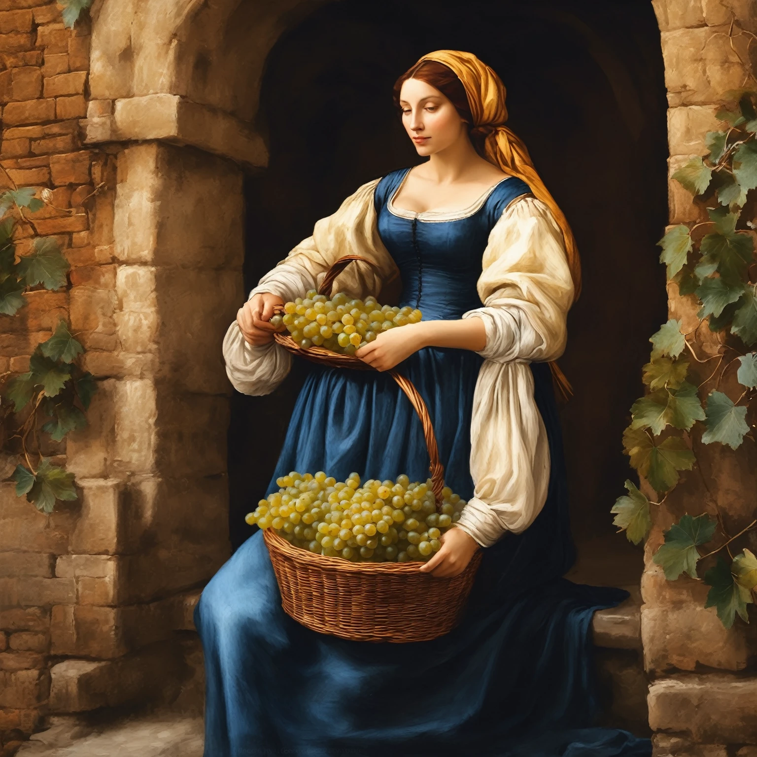 A picture depicting, a one peasant woman, with a basket full of grapes, on of the streets of Florence in 1524., renaissance digital painting, in a renaissance style, in the high renaissance style, живопись in a renaissance style, in a renaissance style, based on Filippino Lippi, в Carlo People, In the style of da Vinci, Renaissance painting style, Realistic portrait of the Renaissance, Renaissance Art style, Renaissance oil painting, Renaissance Art
