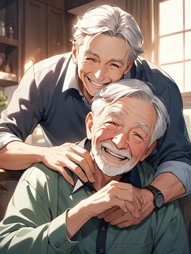 Happy elderly man with adult son