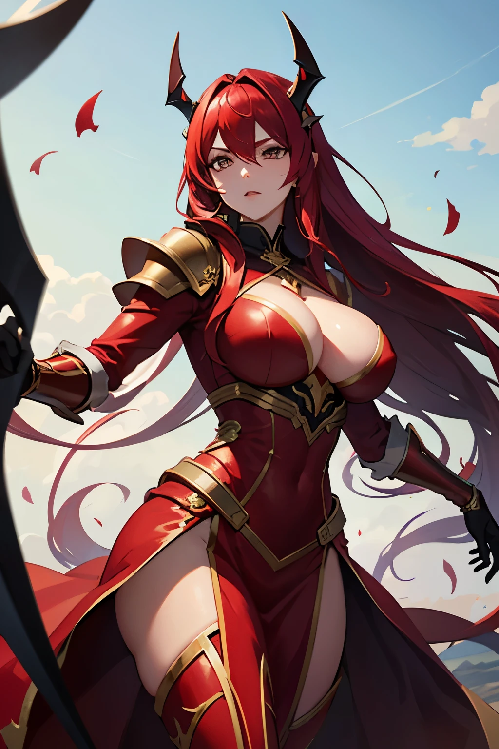 Xaldrath. she is a woman with long red flamin hair, she wears a massive red suit with armor, shes a villian, her skin colour is black
