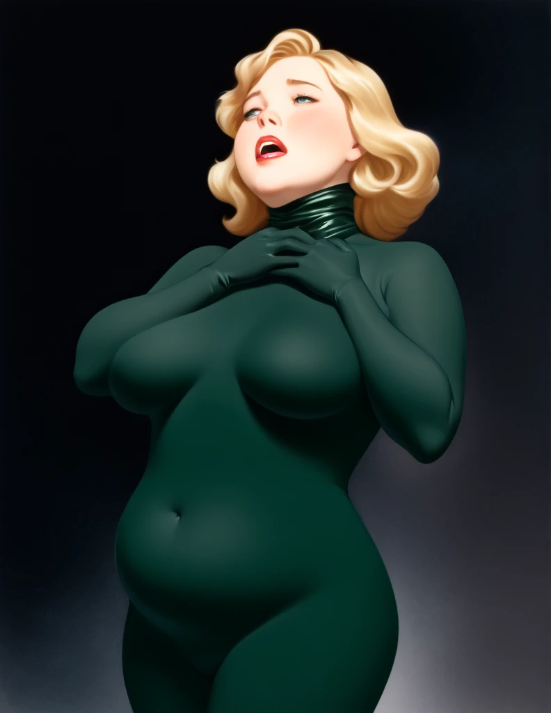 Oil painted slightly chubby white woman. Her face  also slightly chubby. Her body  floating in space .She  wearing a dark green body suit.. She has short blonde hair. She has her mouth open breathing heavily, she puts both her hands on her neck as if she choking and can’t breathe . She  on the verge of death. She  grabbing her neck. Full body view. Bare foot.