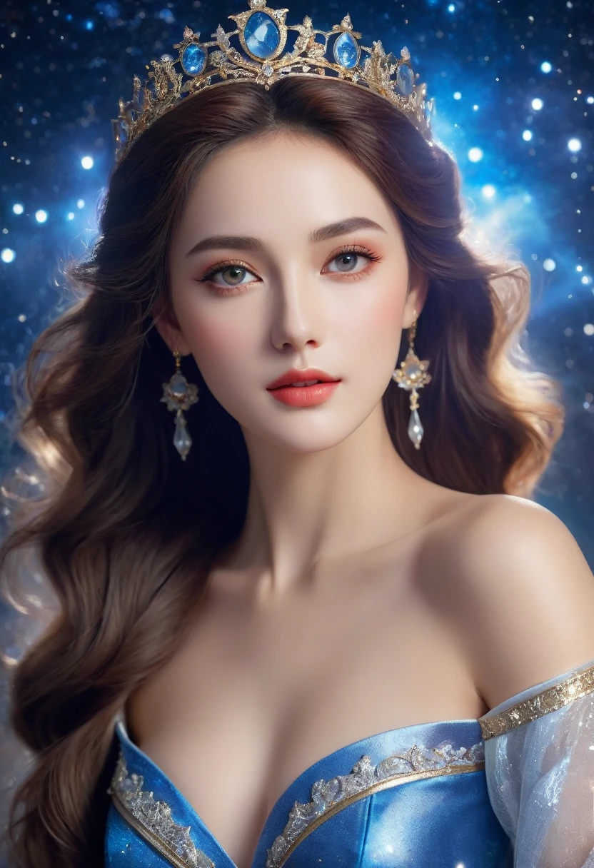 (masterpiece, highest quality), ultra detailed, high resolution, 16k, the most beautiful face in the world, highly detailed beautiful face and eyes, shiny skin, fine cloth texture, Perfect limbs, perfect anatomy, BREAK, the incarnation of beauty, goddess of beauty, gorgeous and stunning princess, perfect make-up, deeply in love, full of elegance. solo, full body, starry sky, Sony Shoot
