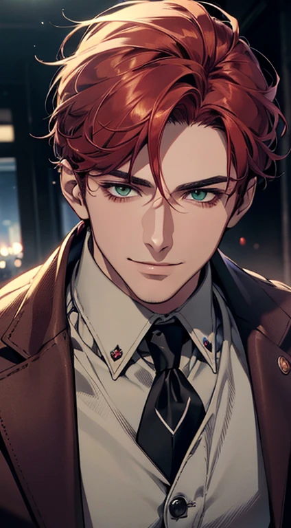 (best quality, masterpiece, 8K, photorealistic, cinematic lighting, hdr image, ultra detailed, beautiful image), a mature man, very handsome, smile, short grey red hair, green eyes, perfect face without errors, ((buttoning the jacket, CEO))