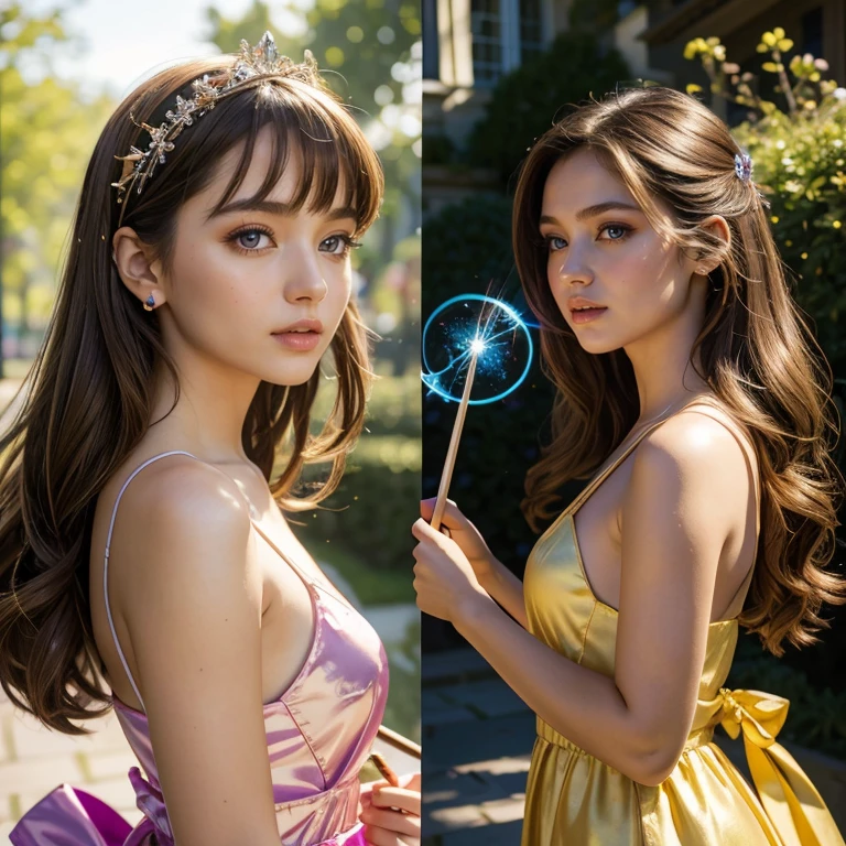 (masterpiece, best quality:1.5), highest quality, High resolution, super detailed, Realists, Upper body photo of a brunette young magical girl, detailed and beautiful eyes, beautiful detailed lips, very detailed eyes and face, longeyelashes, shiny satin dress, Holding a magic wand in your hand, Cast a transformation spell, With her stick she turns bananas into a lollipop, Glowing wands available,Beautiful and colorful makeup, elegant and noble々The jewelry bag, Gardens as background, soft daylight, bright colors, fine brushstrokes, Portrait style, Silk dress fabric, beautiful color palette, glowing skin, First-class rendering, that captures every detail, enchanting atmosphere, subtle shadows and lights, (perfect anatomy:1.2), (The stunning magical girl turns banana into a lollipop. Suck on it,(a transformation with the magic wand:1.4), (magnificent panorama view:1.2)