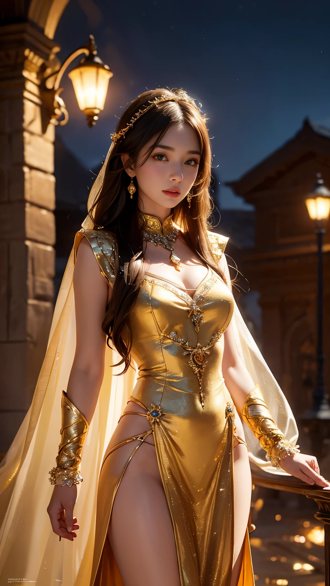 8K ultra hd, masterpiece,1 girl, ((realistic face)), detailed eyes, ((very long hair)), flowing hair, small breasts, royal dress, decorated dress, golden dress, anitque jwellery, detailed lacing, flowing cape, bare navel, moon light, amazing night outdoor, spot lights, glowing lights, depth of field, ray tracing, bloom, realistic shadow, tyndal effect, spreding, lights, looking at the audience, attractive pose,