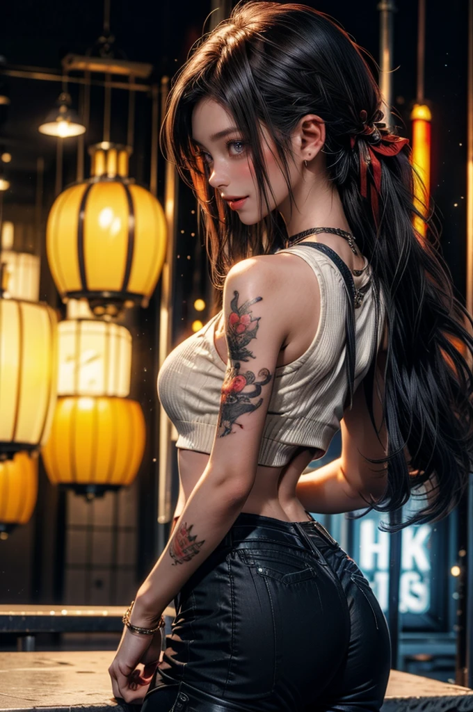 Back view لامراءة جميلة ذات عضلات مستلقية على بطنها في السريرة ,Back view ,Wear :A tight black crop top and very short black tight pants , High quality image ,Tattoos on the arm and back ,Back view