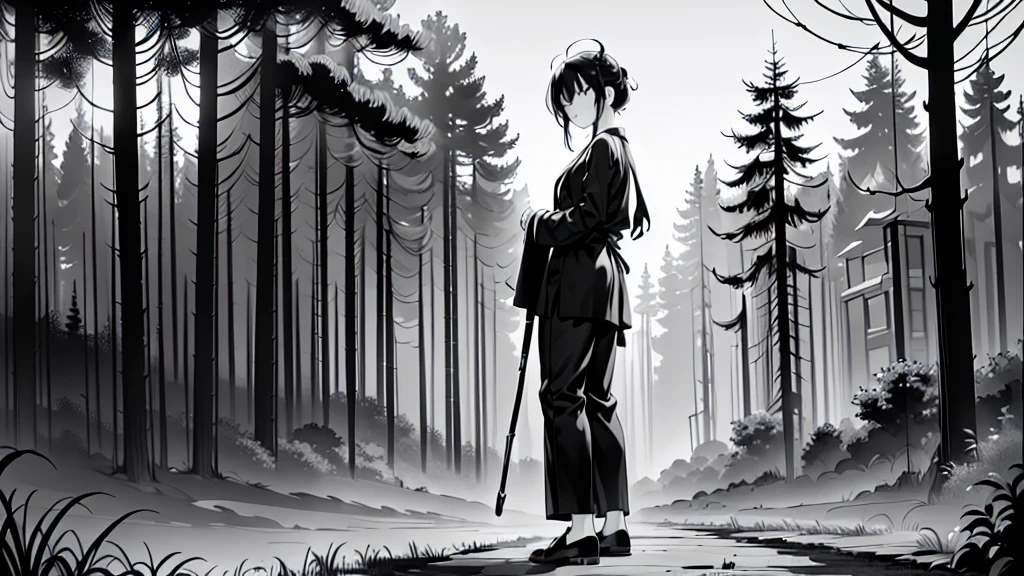 ((Masterpiece, high quality, best graphics, high definition, high definition, 4k)), old photo, vintage photo, 1 Monkey boy, (Solo), (((monkey ears, monkey tail))), ((full body)), Wooden Katana in right hand, old samurai suit, old samurai pants, (ribbon on waist), wooden sandals, looking away, standing, (((monochrome, grayscale, old movie style, noise, VHS movie, anime style))), (forest background, trees, tree shadow, grass), (((Saru to kani no Gassen anime 1917 style))).