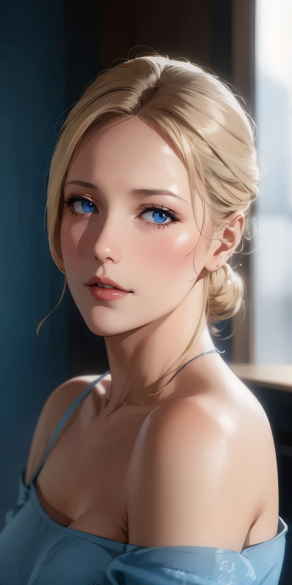 elegant mature woman, blonde, chignon hair, blue eyes, soft light, 4k resolution, high detailed, high quality, beautiful cg