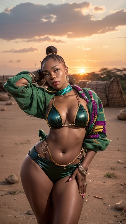 styled: magazine center page | subject: (african girl:1.3),(Beauthfull:1.3),((whole body)),(other focus), gazing at viewer, em roupas styled vestido, (Kale), (long and colorful hairstyle with cornrows), big full chest, pose sexy, face detailed, realisic skin, waiting outside, jewerly, a beautiful woman, | aesthetics: (cinematic: 1.3), highly detailed hyperreal, themed background | Paleta de cores: (CRU photo) | IN THE styled OF: ebony magazine
