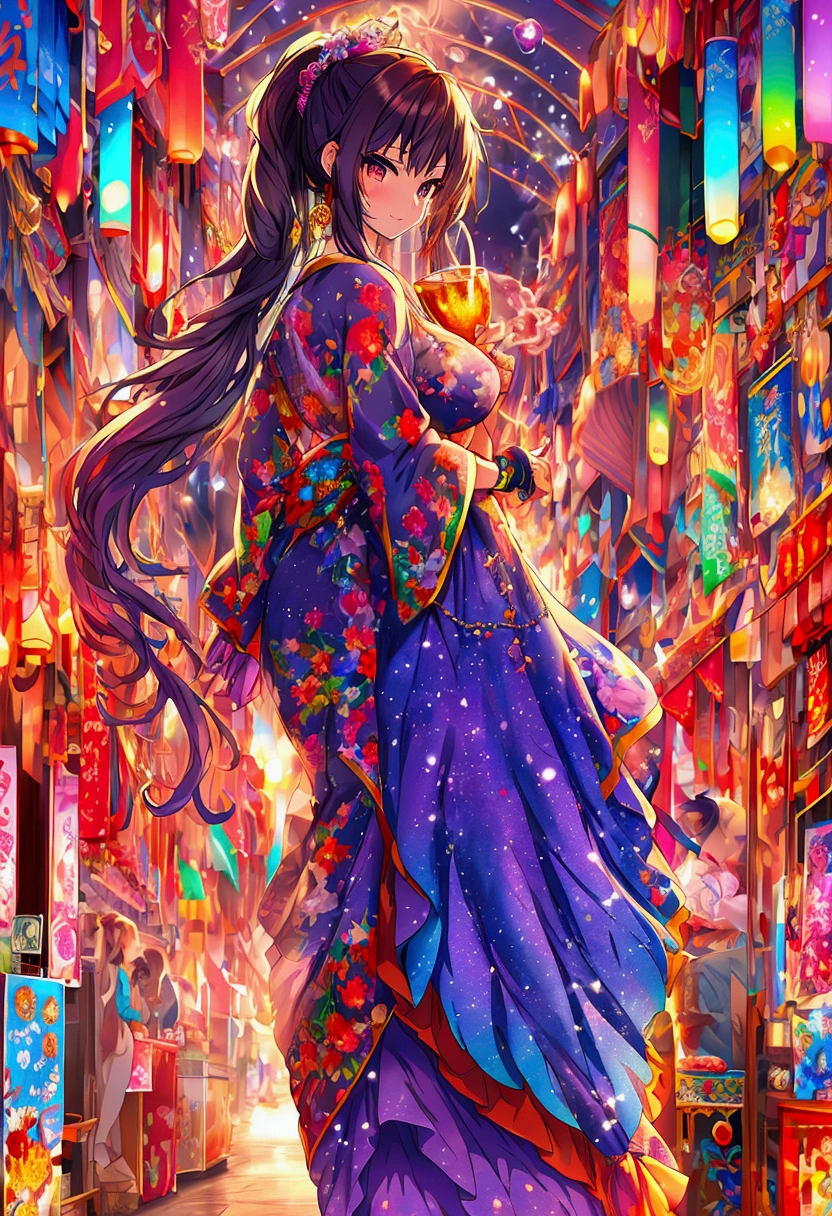 anime manga in 4D vivid colors high quality sombria art sexy cruise duros rígidos empinados tits Goku + sakura fênix Portrait front view of a girl standing in a mystical marketplace with purple diamond hair in a flowing ponytail in a dynamic pose she is holding a glass of bubbling potion out to the view black eye in the background are busy vendors and magical light and smoke from the various market stalls anime style intricate detailed bright colors fantasy concept art digital art intricate oil on canvas