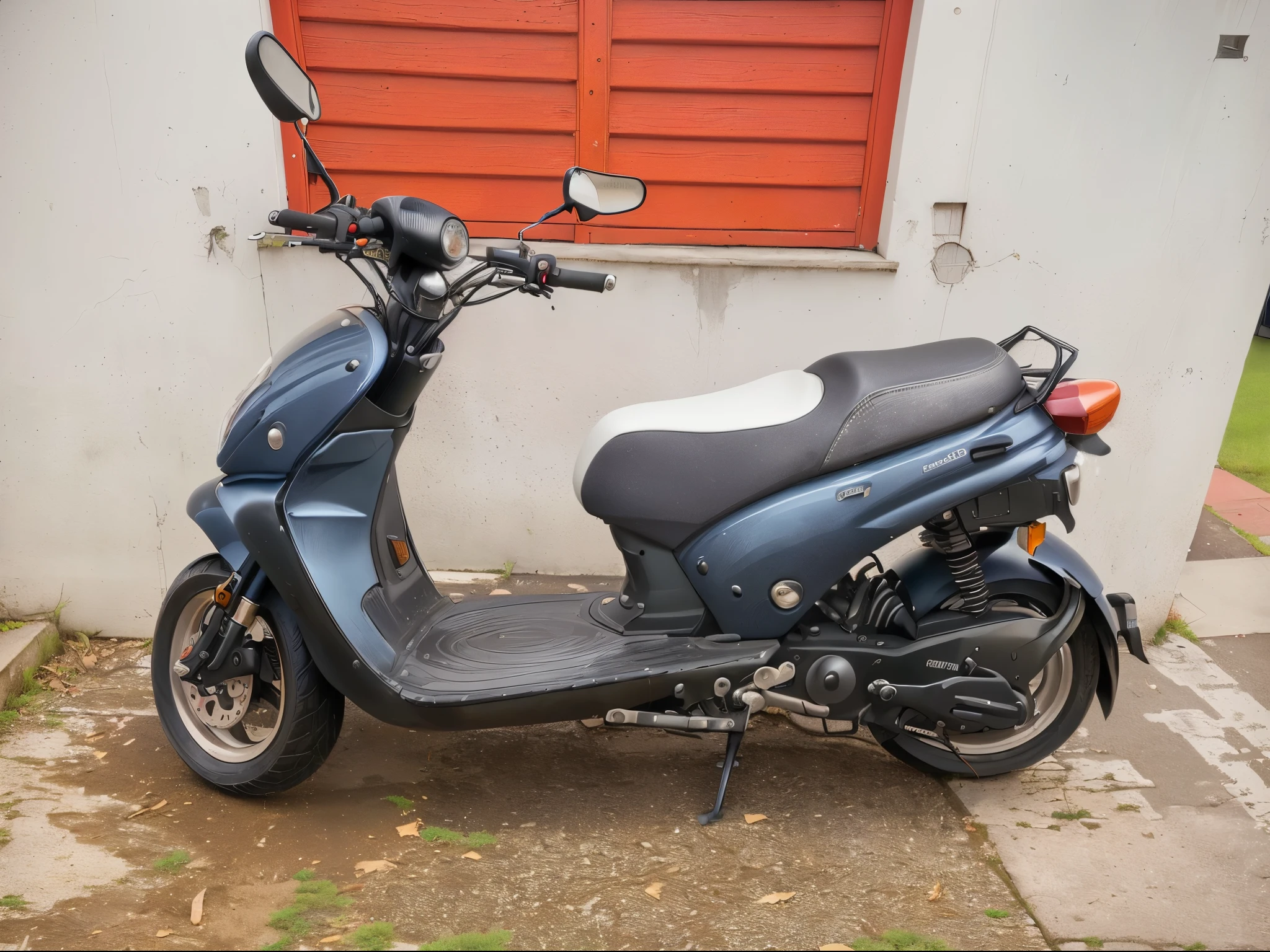 There is a scooter parked outside a building with a red door, moped, custom scooter, motorcycle, moto, full front side, por Romain brook, 2 0 0 5, 2005, 2009, 2 0 0 9, 2 0 0 4, 2004, rear shot, angle view, 2000