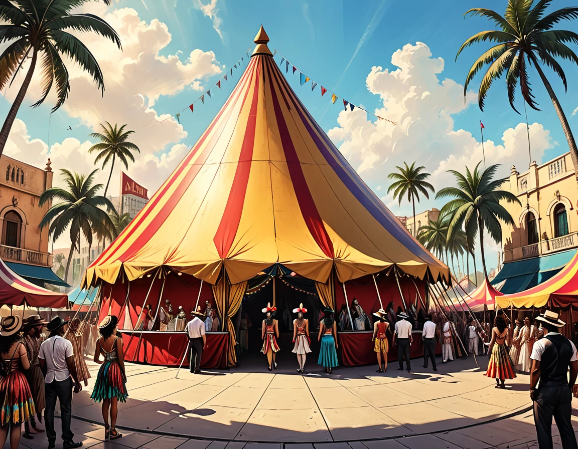 circus fabric dome on the square of a tropical city, giant triangular circus fabric dome, palm trees, street, people, close-up portrait magician,close-up portrait clowns, gypsy dancers, city square, graphic style of novel comics, 2d, 8k, hyperrealism, masterpiece, high resolution, best quality, ultra-detailed, super realistic, Hyperrealistic art, high-quality, ultra high res, highest detailed, lot of details, Extremely high-resolution details, incredibly lifelike, colourful, soft cinematic light,