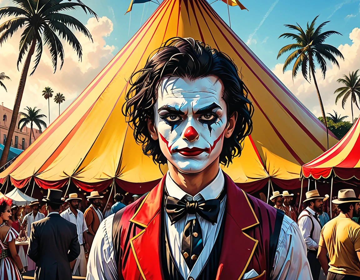 circus fabric dome on the square of a tropical city, giant triangular circus fabric dome, palm trees, street, people, close-up portrait magician,close-up portrait clowns, gypsy dancers, city square, graphic style of novel comics, 2d, 8k, hyperrealism, masterpiece, high resolution, best quality, ultra-detailed, super realistic, Hyperrealistic art, high-quality, ultra high res, highest detailed, lot of details, Extremely high-resolution details, incredibly lifelike, colourful, soft cinematic light,