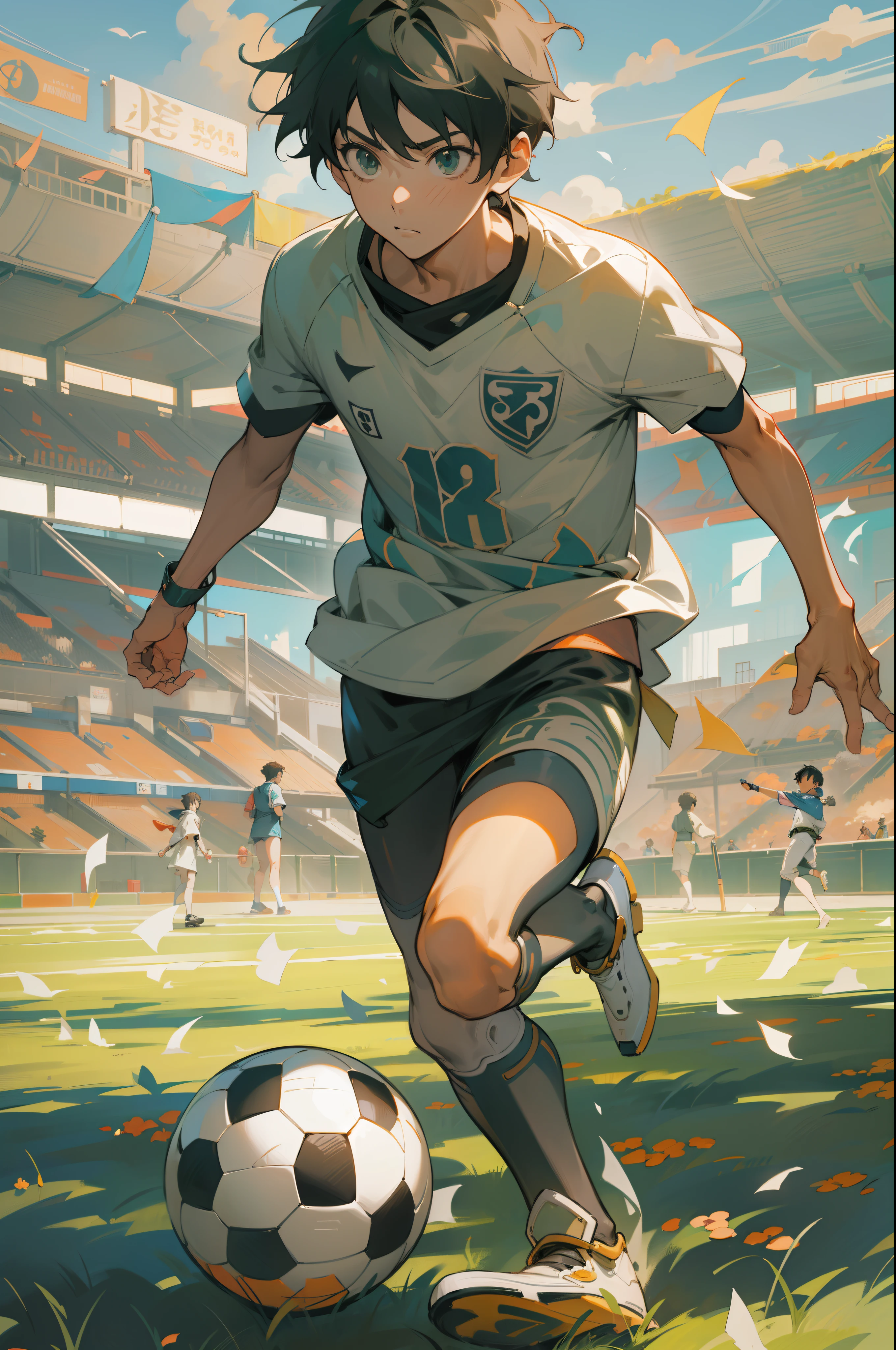 Anime boy kicking a soccer ball on a soccer field, Kentaro Miura art style, kentaro miura manga art style, shigenori soejima illustration, trend on artstation pixiv, Makoto Shinkai Art Style, high quality anime art, Kentaro Miura Art, ArteZerochan, Makoto Shinkai ( legends of the apex )