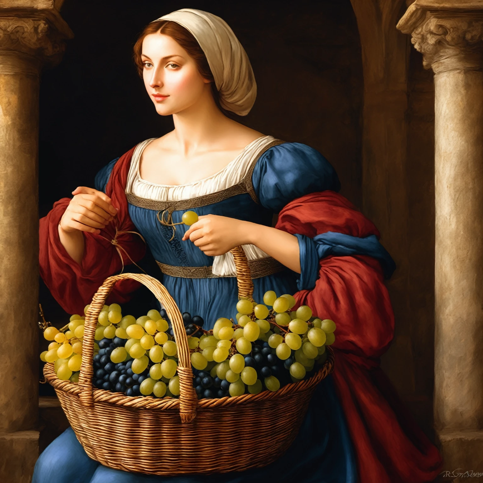 A picture depicting, a one peasant woman, with a basket full of grapes. Florence in 1524. renaissance digital painting, in a renaissance style, in the high renaissance style, живопись in a renaissance style, in a renaissance style, based on Filippino Lippi, в Carlo People, In the style of da Vinci, Renaissance painting style, Realistic portrait of the Renaissance, Renaissance Art style, Renaissance oil painting, Renaissance Art
