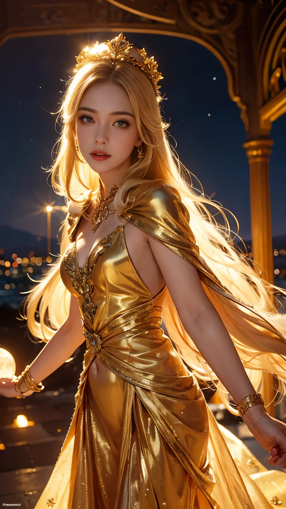 8K ultra hd, masterpiece,1 girl, ((realistic face)), detailed eyes, ((very long hair)), flowing hair, small breasts, royal dress, decorated dress, golden dress, anitque jwellery, detailed lacing, flowing cape, bare navel, moon light, amazing night outdoor, spot lights, glowing lights, depth of field, ray tracing, bloom, realistic shadow, tyndal effect, spreding, lights, looking at the audience, attractive pose,