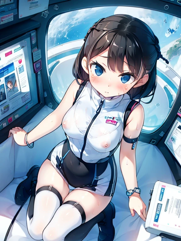 (Highest quality), (masterpiece), 1080P, High resolution, 4K, 8k, Inside the space station、Futuristic room、Thigh straps, Shooting from directly below, The woman on top of me, Nipples, 白いSweat, Covered , Sweat, Woman looking down, Skirt swimsuit, Thigh-high socks, To achieve this, , , whole body, Black leather shoes, Braided hair, Inner Color, Embarrassed face, Short black hair, bracelet, Bedroom,celestial body_Vest
