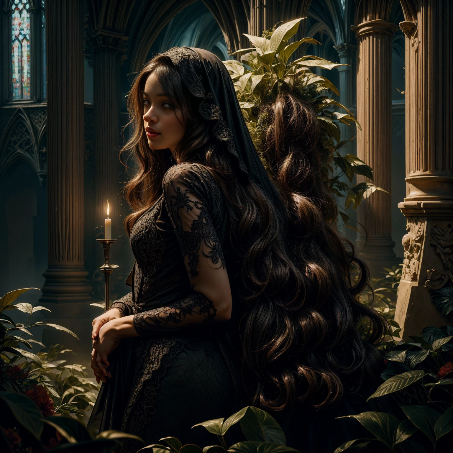 A sexy nun with seductive eyes and pouty lips, wearing a revealing black lace gown and high heels, gracefully poses in a dimly lit cathedral. Her long, wavy hair cascades down her back, framing her alluring face. The detailed folds of her gown create a sense of mystery and intrigue, while the soft candlelight casts a warm glow on her flawless skin. The artwork is a masterpiece of photorealistic beauty, captured with high-resolution precision and ultra-detailed rendering. The vibrant colors add depth and richness to the scene, with a touch of bokeh in the background, creating an ethereal atmosphere. The overall composition exudes sensuality and sophistication, making it a captivating portrait in the genre of erotic art.a hyperrealistic painting inspired by Hendrick Terbrugghen, featured on cgsociety, renaissance, in a renaissance style, in a high renaissance style, in style of old painting, serge marshennikov --sq --realxl v1