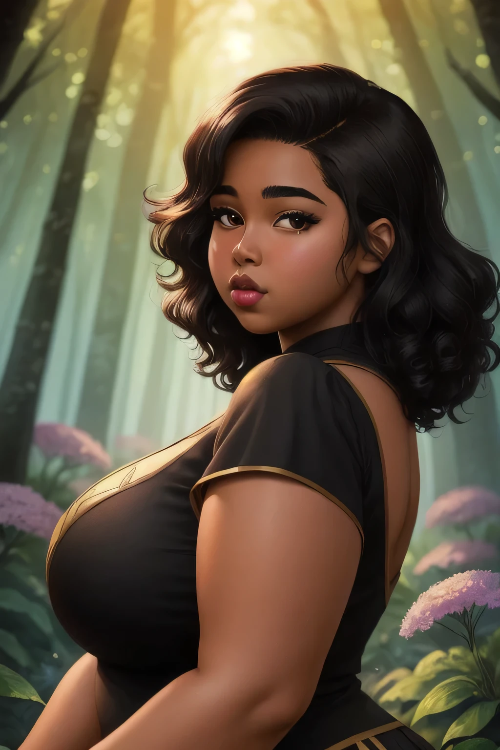 Anime illustration semi-realism of brown skin latina girl, 25 year old, plus size, curvy, overweight, black round eyes, black curly hair, big lips, anime, sleek design, brown skin, sideswept hairstyle, round face, fantasy mage outfit, flower forest background, dynamic light, 