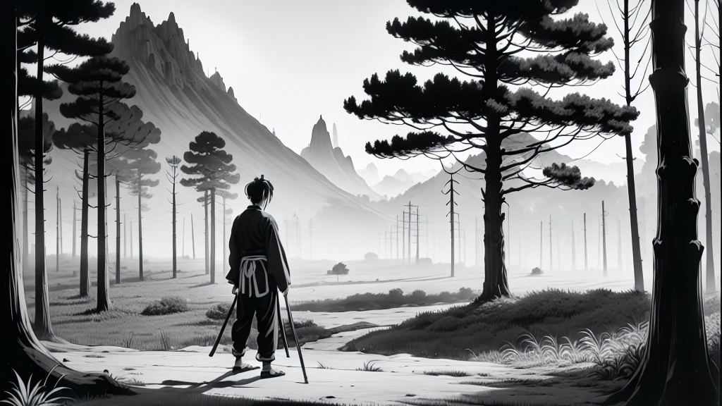 ((Masterpiece, high quality, best graphics, high definition, high definition, 4k)), old photo, vintage photo, 1 Monkey boy, (Solo), (((monkey ears, monkey tail))), ((full body)), Wooden Katana in right hand, old samurai suit, old samurai pants, (ribbon on waist), wooden sandals, looking away, standing, (((monochrome, grayscale, old movie style, noise, VHS movie, anime style))), (forest background, trees, tree shadow, grass), (((Saru to kani no Gassen anime 1917 style))).