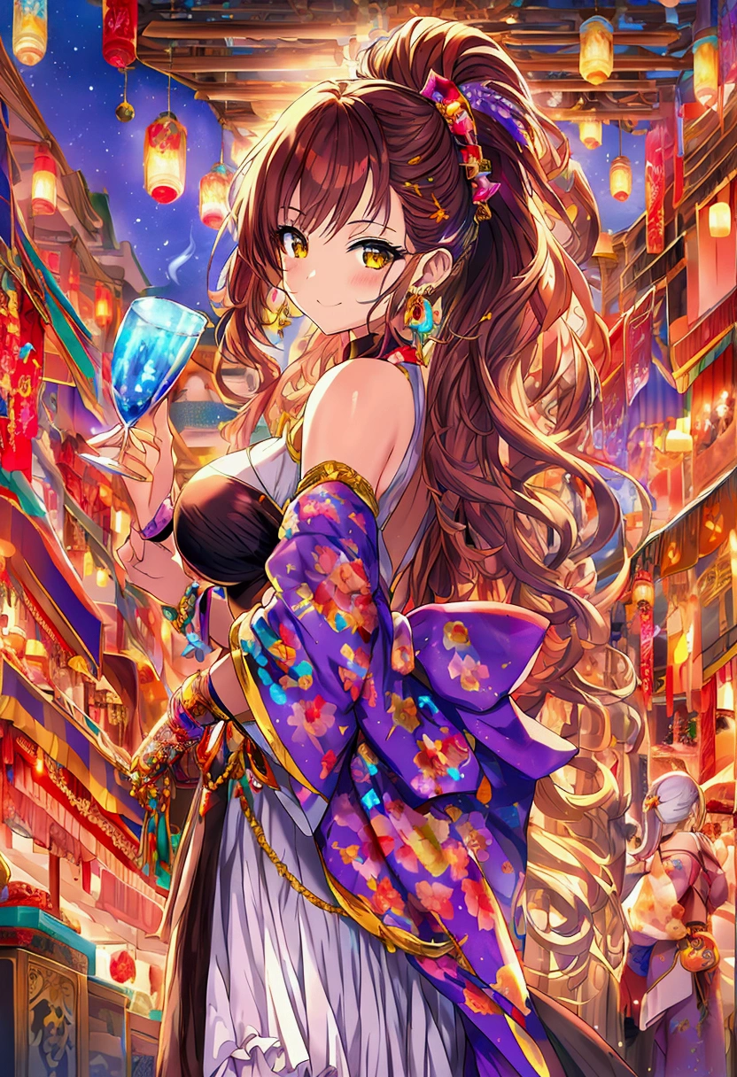 anime manga in 4D vivid colors high quality sombria art sexy cruise duros rígidos empinados tits alita + sakura fênix Portrait front view of a girl standing in a mystical marketplace with purple diamond hair in a flowing ponytail in a dynamic pose she is holding a glass of bubbling potion out to the view yellow eye in the background are busy vendors and magical light and smoke from the various market stalls anime style intricate detailed bright colors fantasy concept art digital art intricate oil on canvas