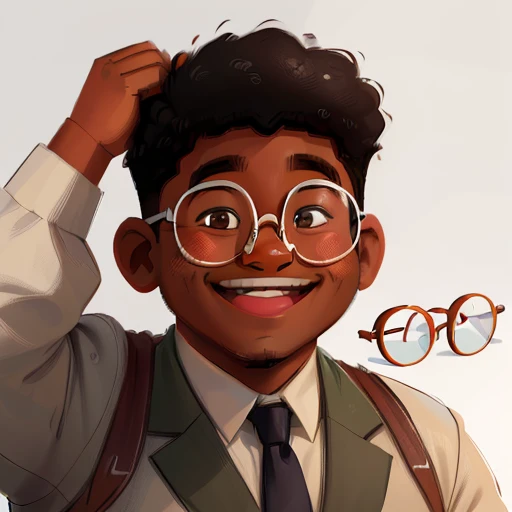 (high resolution: 1.2) chubby boy, dark-skinned, adolescent, schoolar uniform, narrow glasses, Grinning, white background