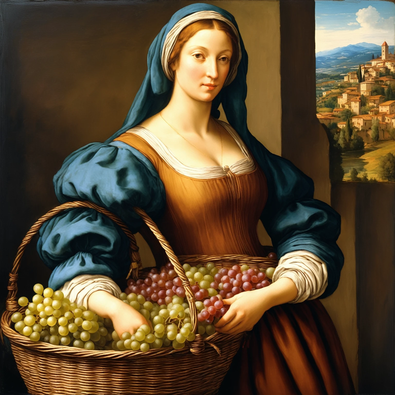 A picture depicting, a one peasant woman, with a basket full of grapes. Florence in 1524. renaissance digital painting, in a renaissance style, in the high renaissance style, живопись in a renaissance style, in a renaissance style, based on Filippino Lippi, в Carlo People, In the style of da Vinci, Renaissance painting style, Realistic portrait of the Renaissance, Renaissance Art style, Renaissance oil painting, Renaissance Art
