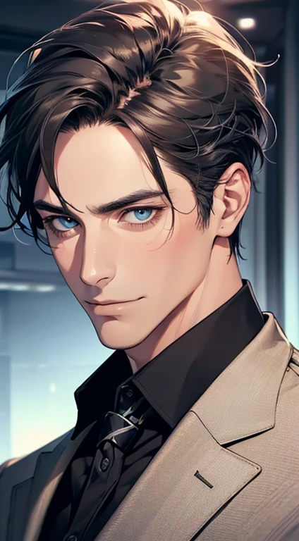 (best quality,4k,8k,highres,masterpiece:1.2),ultra-detailed,(realistic,photorealistic,photo-realistic:1.37),1 man,31 years old,mature man,very handsome,without expression,smile,short grey black hair,blue eyes,penetrating gaze,perfect face without errors,imposing posture,businessman,office background,cinematic lighting,hdr image